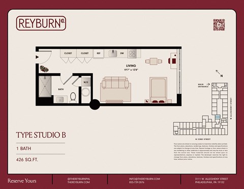 Floor plan for studio, 1 bath, 426 sqft